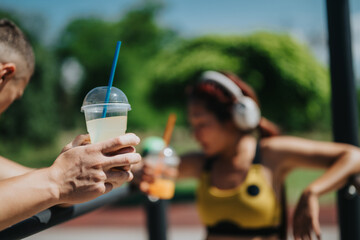 The image shows individuals hydrating after exercising outdoors, emphasizing wellness and relaxation in a natural park environment under bright sunshine.