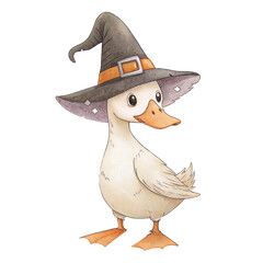 Fototapeta premium Cute watercolor wizard duck in witch hat illustration