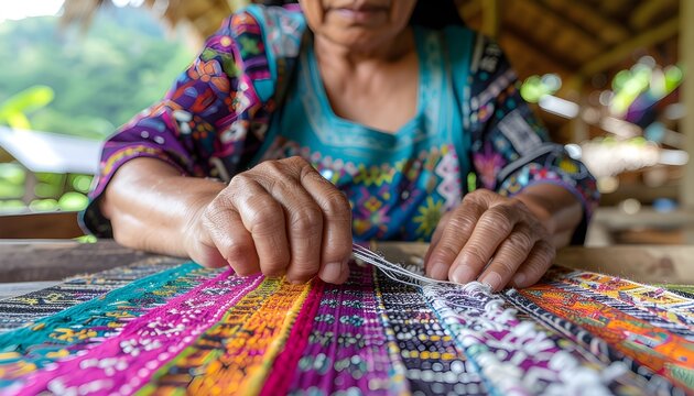 Close-up of Indigenous Woman's Hands Weaving a Colorful Traditional Textile