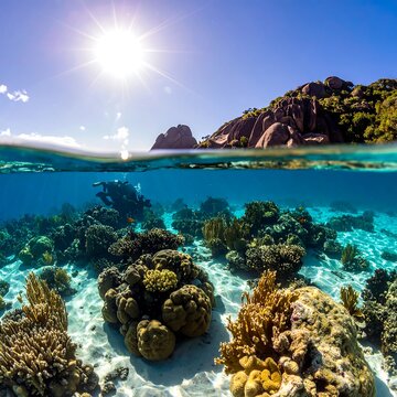 A stunning split-level perspective of the ocean, showcasing vibrant coral reefs and the visible sunlight, and a diver underwater