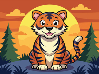 Cartoon Tiger Sits Serenely Against A Warm Sunset Backdrop Smiling Softly