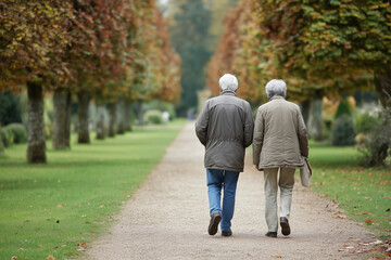 senior citizen couple taking walk park autumn morning landscape