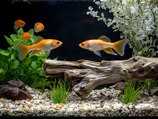Obraz premium Peaceful aquarium with beautiful goldfish swimming near rustic driftwood, aquatic plants, and pebbles in clear water