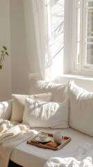 Fototapeta premium Breakfast tray on sofa furniture cushion window.