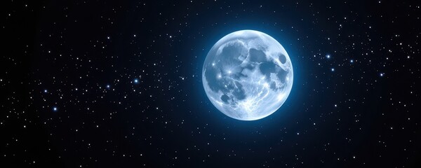 Fototapeta premium Ethereal full moon illuminates a vast, star-dusted black night sky, a celestial beacon of serene cosmic beauty, starry, vivid