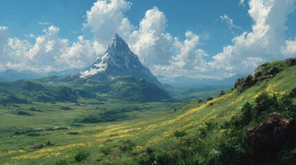 Fototapeta premium Vivid landscape painting, mountain range dominating the skyline, green valley, bright blue sky