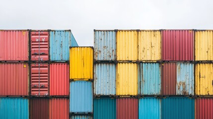 Fototapeta premium Weathered and Stacked Shipping Containers in a Colorful Array