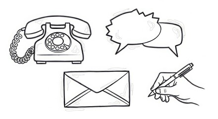 Retro communication icons a rotary phone envelope speech bubbles and hand writing with pen conveying concepts of connection and dialogue