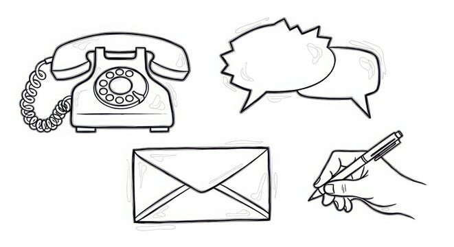 Retro communication icons a rotary phone envelope speech bubbles and hand writing with pen conveying concepts of connection and dialogue