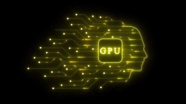 GPU concept with glowing yellow circuit lines forming a human head silhouette and the text GPU Graphics Processing Unit