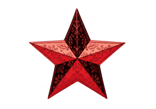 Shimmering red star ornament festive decoration holiday star. A shiny red star ornament with intricate design, isolated on transparent background