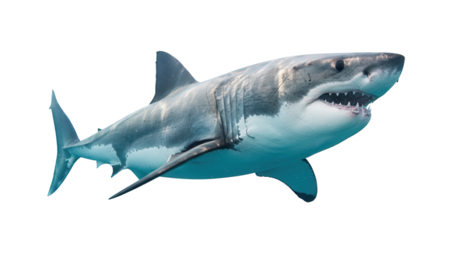 Fierce great white shark swims in dark blue ocean water.