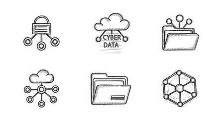 Set of six hand-drawn icons representing data cloud storage network and digital security concepts for technology and business