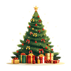 Decorated christmas tree with gifts isolated on transparent background