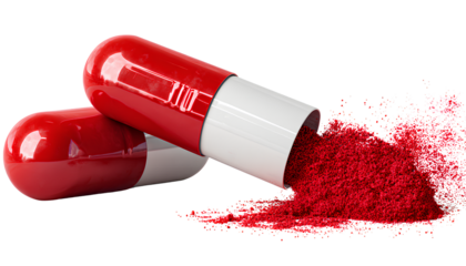 a red and white capsule, one red capsule open with powder inside