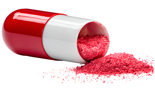 a red and white capsule, one red capsule open with powder inside, on a transparent background
