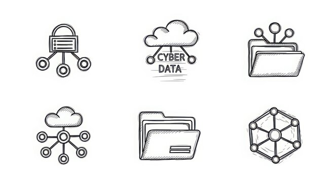 Set of six hand-drawn icons representing data cloud storage network and digital security concepts for technology and business