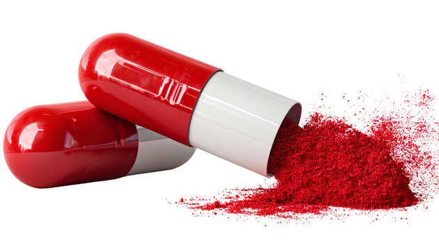 a red and white capsule, one red capsule open with powder inside