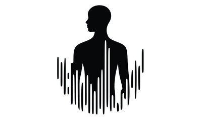 Black vector silhouette of a woman in a red dress with a barcode design symbol