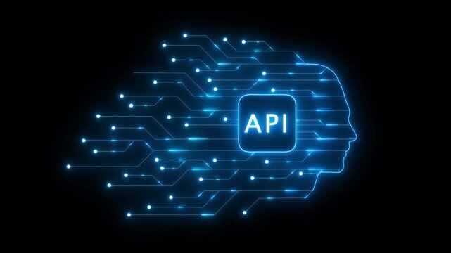 API concept with glowing blue circuit lines forming a human head silhouette and the text API Application Programming Interface