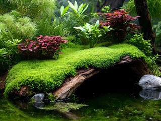 Serene aquascape aquarium with lush green plant and moss on driftwood submerged in calm clear water, peaceful design