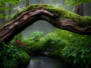 Tranquil jungle wilderness with serene green forest and mossy log arch framing natural lush landscape background