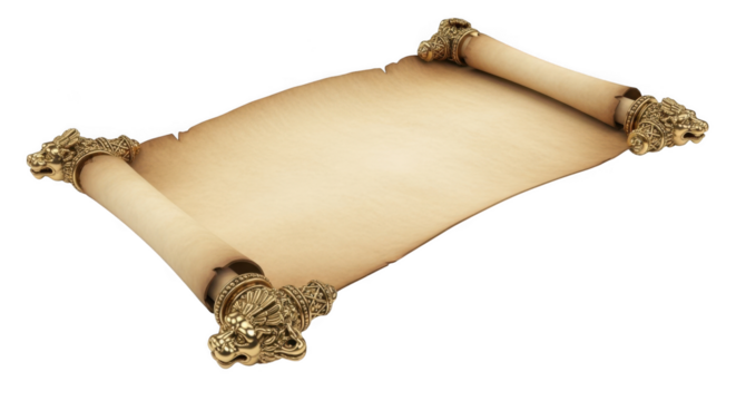 Vintage aged scroll parchment with decorative ornate wooden ends unrolled for text or design