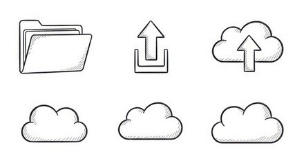Set of simple outline icons representing cloud storage file management upload and data download with a hand-drawn sketchy style ideal for digital projects