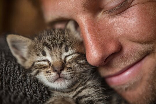 A heartwarming close-up of a man lovingly embracing a sleeping tabby kitten, creating a tender moment filled with affection and trust, fostering a deep connection.
