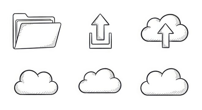 Set of simple outline icons representing cloud storage file management upload and data download with a hand-drawn sketchy style ideal for digital projects
