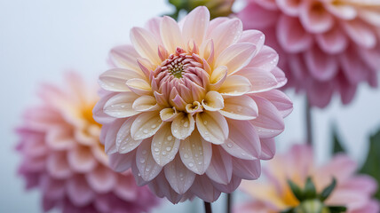 Delicate pink and yellow dahlia flower with water droplets in soft focus petals