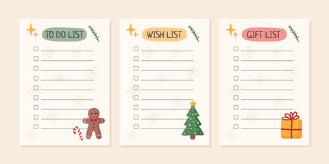 Set of Christmas lists. To do list, Wish list, Gift list template. Vector illustration