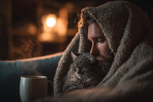 Cozy scene of a bearded man wrapped in a blanket, holding his fluffy cat lovingly, with soft lighting and a warm cup of coffee nearby on a relaxing night in. - Powered by Adobe