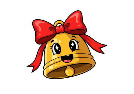 Cute cartoon golden bell with red bow festive character. Cartoonish golden bell with a red bow and a cute face isolated on transparent background, festive and cheerful - Powered by Adobe