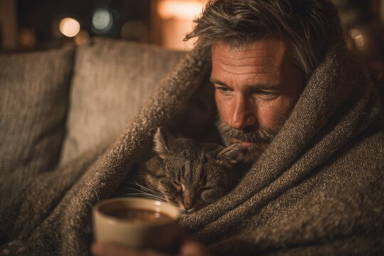 Mature man relaxing indoors covered in blanket with sleeping cat and hot drink, enjoying comfort and warmth in cozy atmosphere on couch at home.