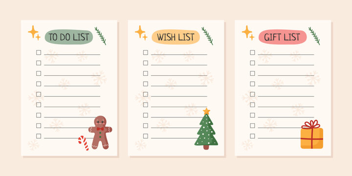 Set of Christmas lists. To do list, Wish list, Gift list template. Vector illustration