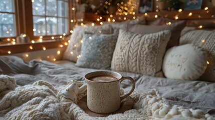 Cozy winter evening scene with warm drink and twinkling lights on a comfortable bed