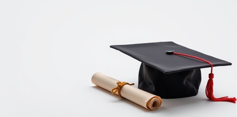 Graduation cap and scroll on white background, academic, graduation