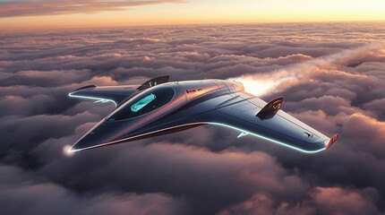 Futuristic dark sleek aircraft soaring above a sea of clouds at sunset, glowing with neon lights for an epic journey.