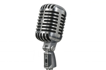 Retro style chrome microphone, a classic sound recorder for music, radio, podcasts, and speeches, standing on transparent background