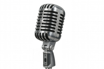 Retro style chrome microphone, a classic sound recorder for music, radio, podcasts, and speeches, standing on transparent background