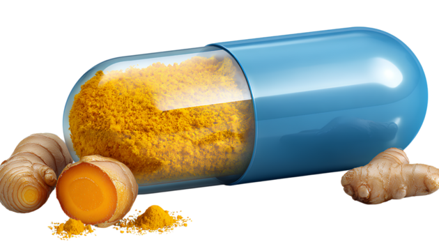 blue capsule with turmeric powder and ginger