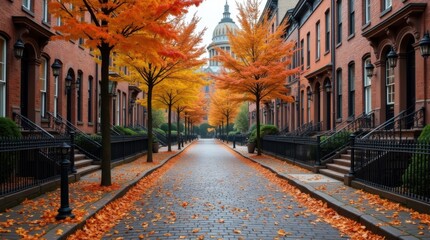 Fototapeta premium A cobblestone street lined with brownstones and colorful autumn trees. 