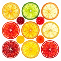 Fototapeta premium Backlit Citrus Slice Arrangement with Candy on White Backdrop