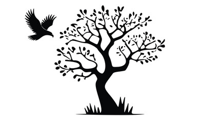 This set of vector tree silhouettes features black illustrations of the whole plant, including the trunk, branches, leaves, and roots, perfect for a nature design