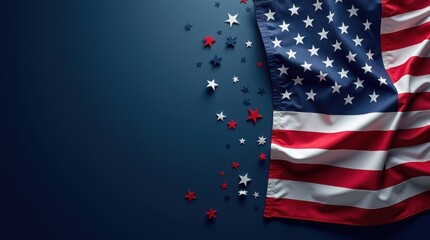 Fototapeta premium American US flag on dark blue background with copy space, presidential midterm elections, american national holiday, July 4, Veterans or memorial day patriotic banner 