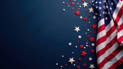 Fototapeta premium American US flag on dark blue background with copy space, presidential midterm elections, american national holiday, July 4, Veterans or memorial day patriotic banner 