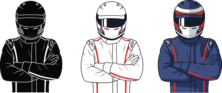 Racing driver character vector set featuring racing suit and helmet variations with crossed arms