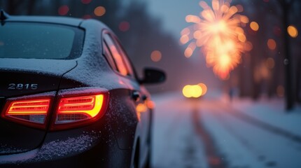 Happy New Year sign on car with snow and. Fireworks in background, celebrating new year. 2026, 2027. 