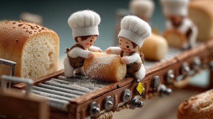Creative miniature bakers as Tiny people preparing bread loaves on conveyor, tiny people concept showing teamwork, bakery production and whimsical craftsmanship in playful miniature world